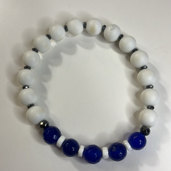 Handmade One of a Kind Blue & White Beaded Bracelets - Picture 4 of 4